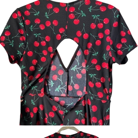 Forever 21 Open Back Cutout Cherry 🍒 Print Black Background Dress Women Size S - Picture 4 of 13